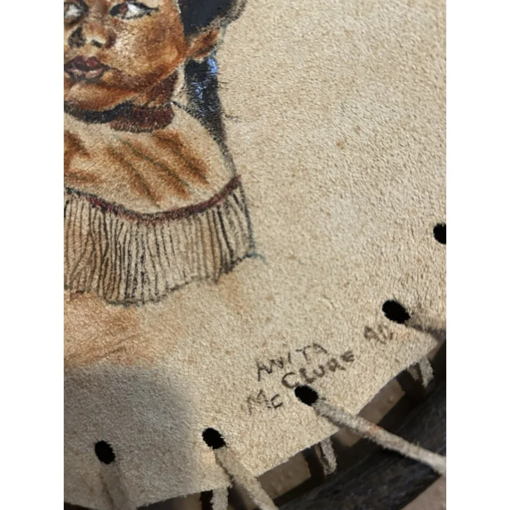 Cow Hide Painted With American Indian Girl And American Eagle Wall Hanging